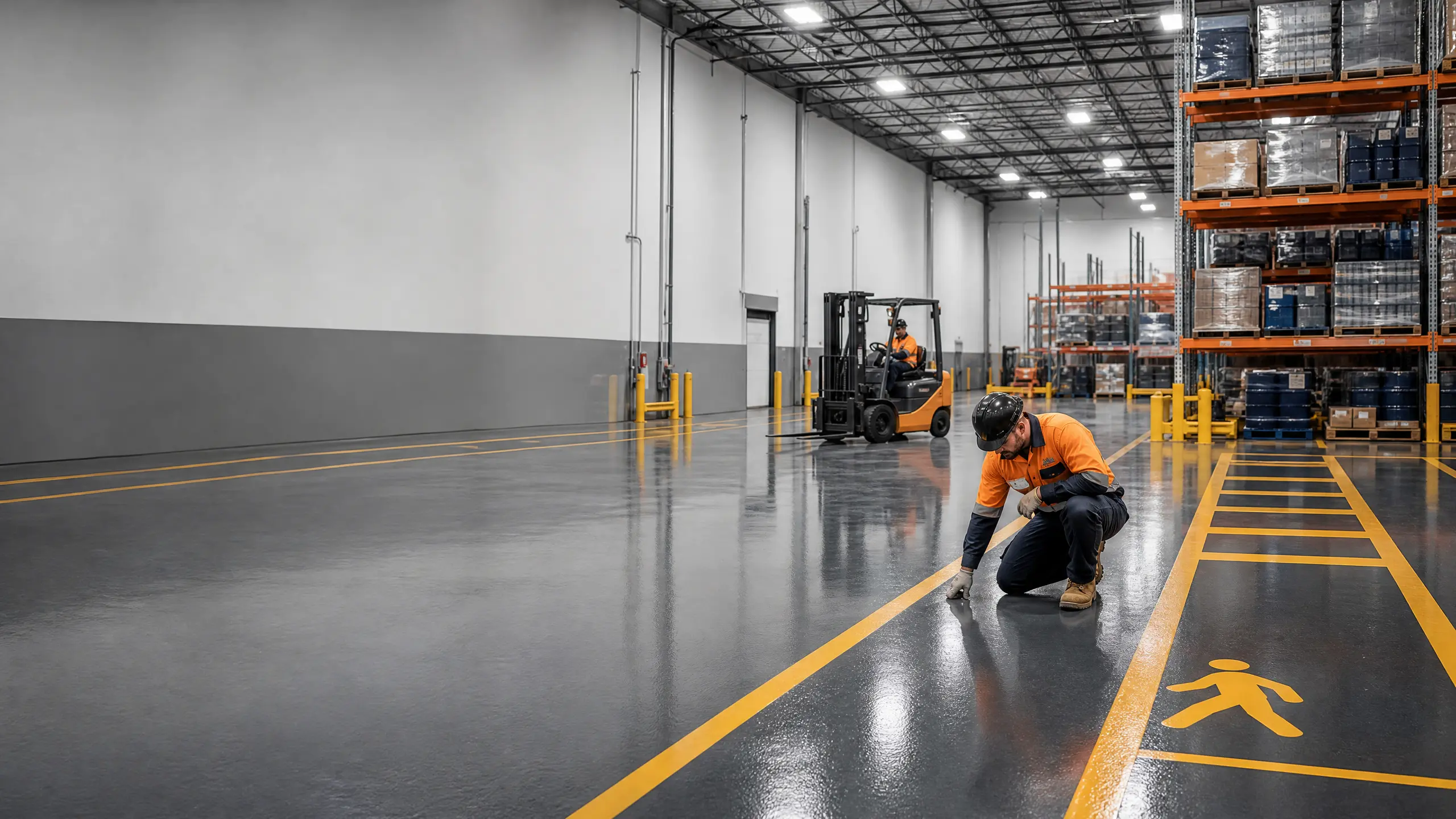 Industrial epoxy flooring in a Sydney warehouse with forklift lanes and safety markings